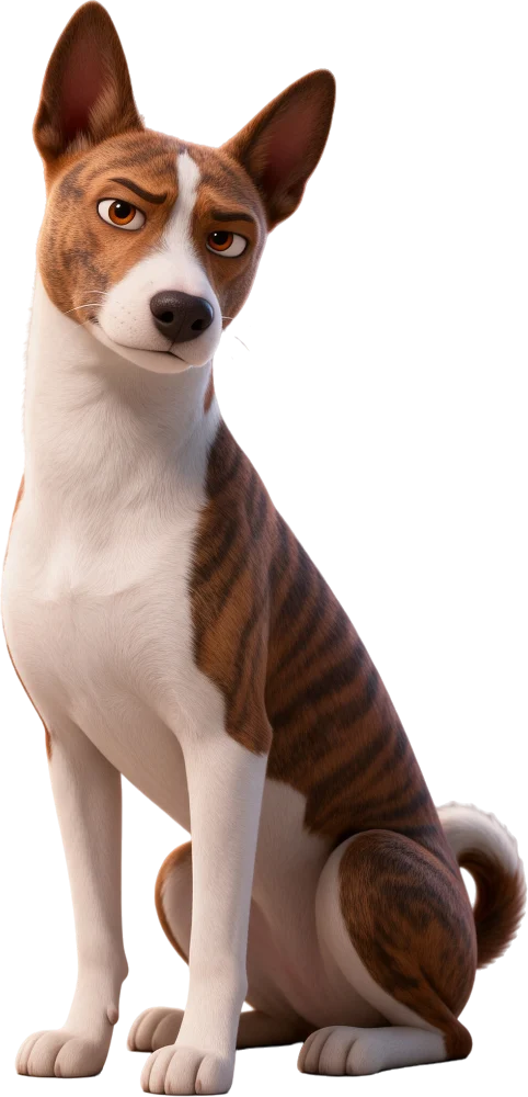 Barks-mascotte Rio, de gestroomde basenji, zittend