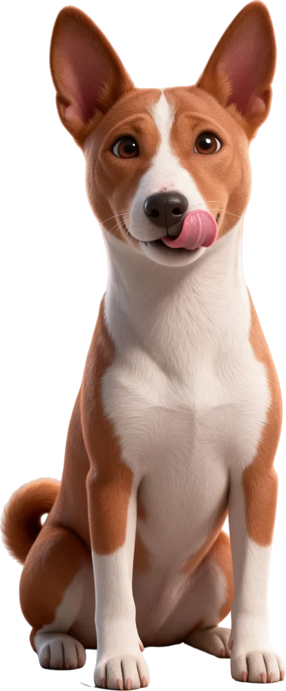 Barks-mascotte Suki, de rood-witte basenji, zittend