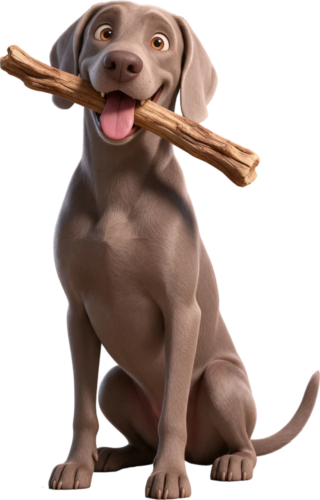 Barks-mascotte Thor, de grijze weimaraner, zittend